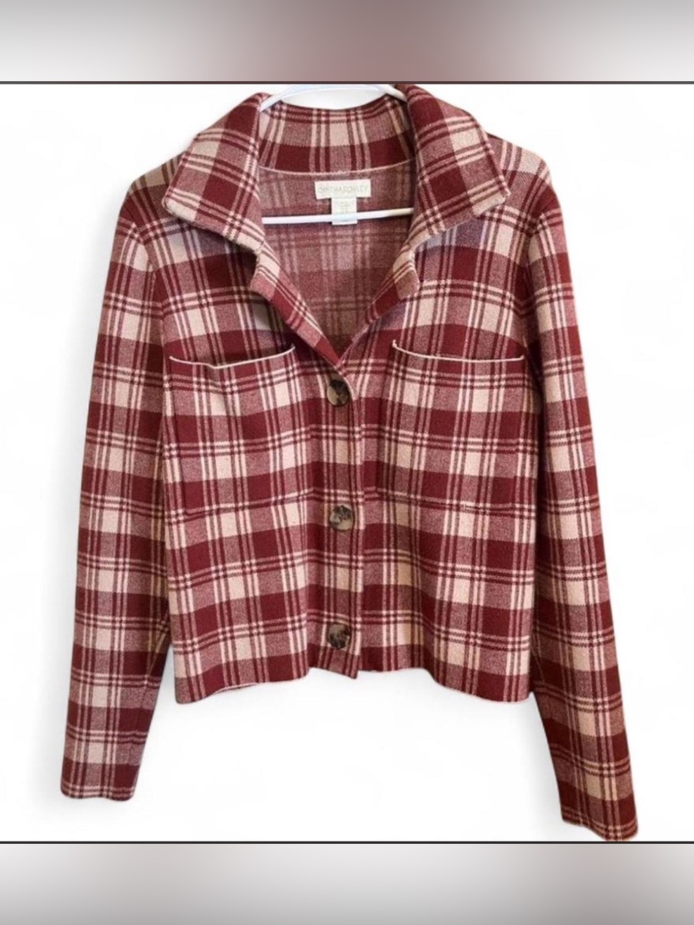 Cynthia Rowley Plaid Knit Jacket Medium Red Tan Button Front Cozy